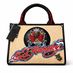 Ed Hardy Rhinestone Skull Heart Raffia Satchel Bag Y2K Tattoo Crossbody NWT